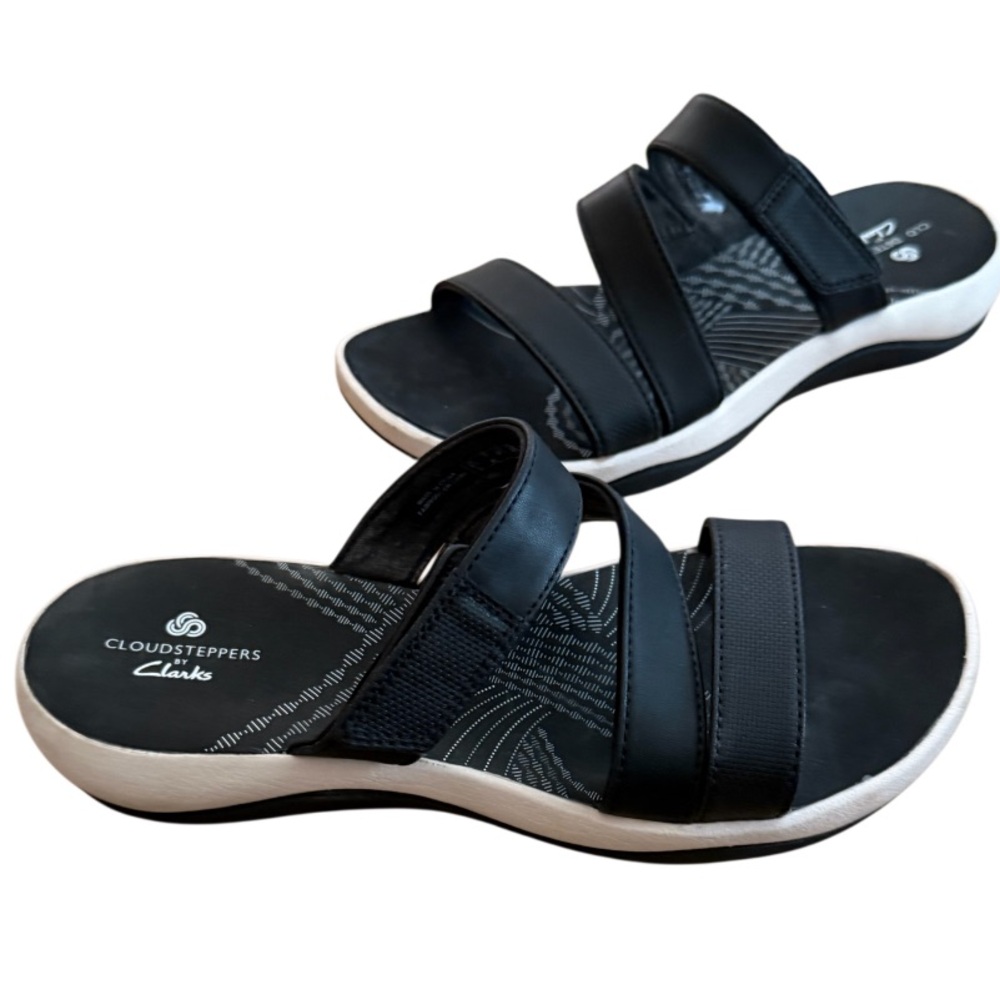 CLARKS WOMENS CLOUDSTEPPERS SUNMAZE COAST BLACK ADJUSTABLE STRAP SLIDE SANDAL